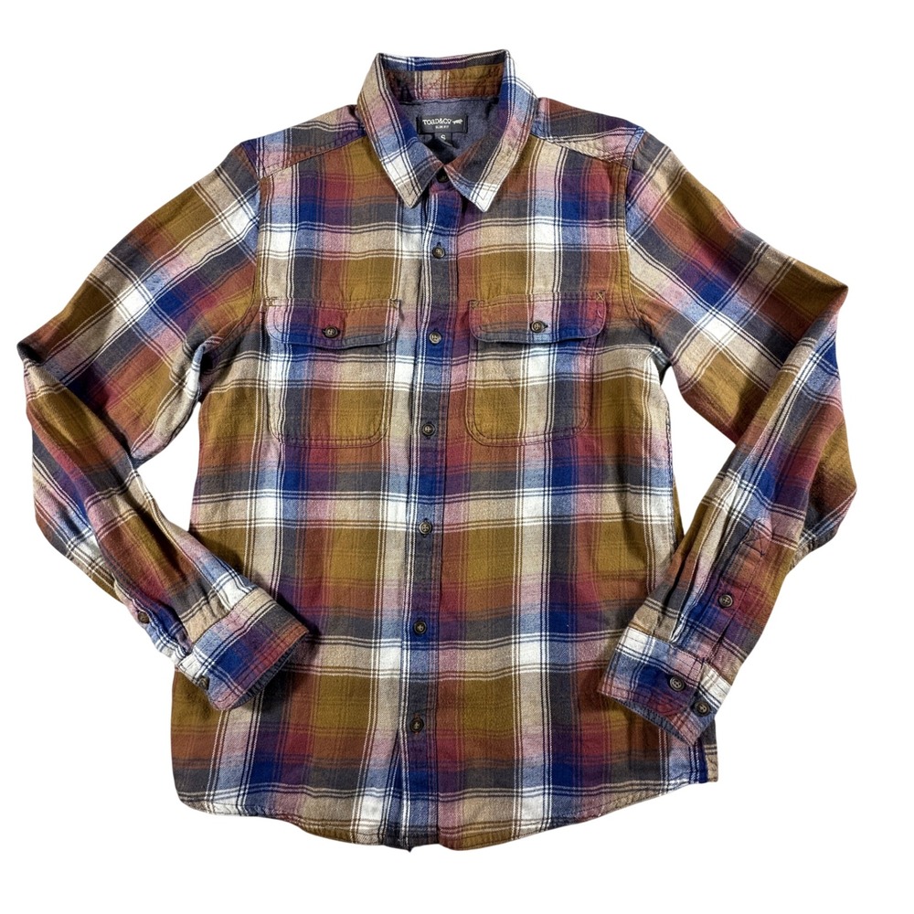 Toad&Co Mens Indigo Flannel LS Shirt Slim Fit Organic‎ Cotton Plaid Brown Blue S